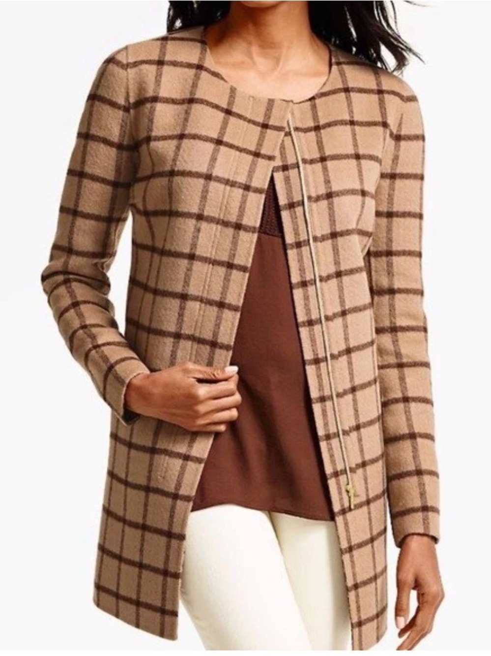 TALBOTS Womans L Zip Brown Plaid Double Faced Coat Wool Blend